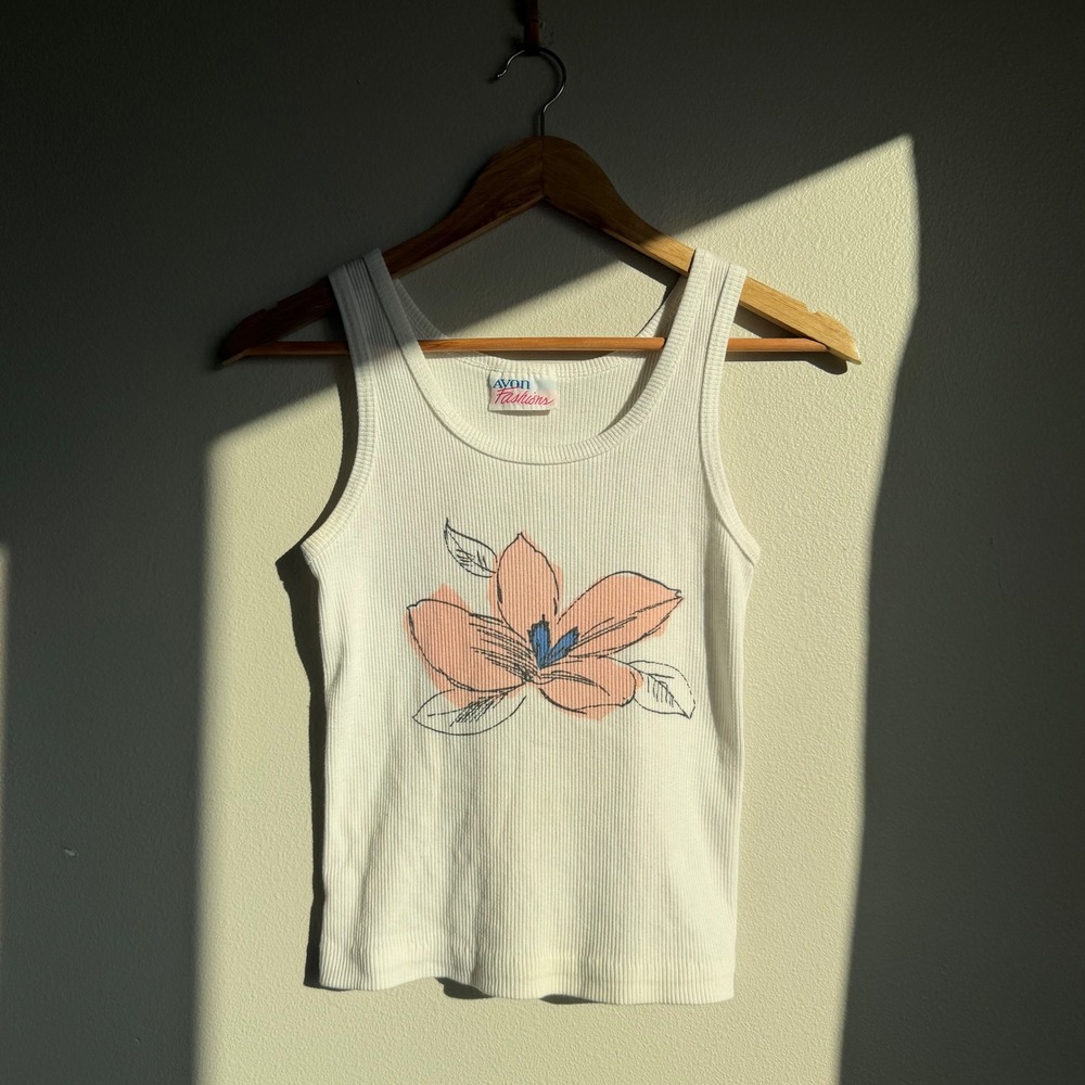 Vintage Avon Fashions Single-stitch Flower Print Cropped Ribbed Tank - Picture 2 of 7